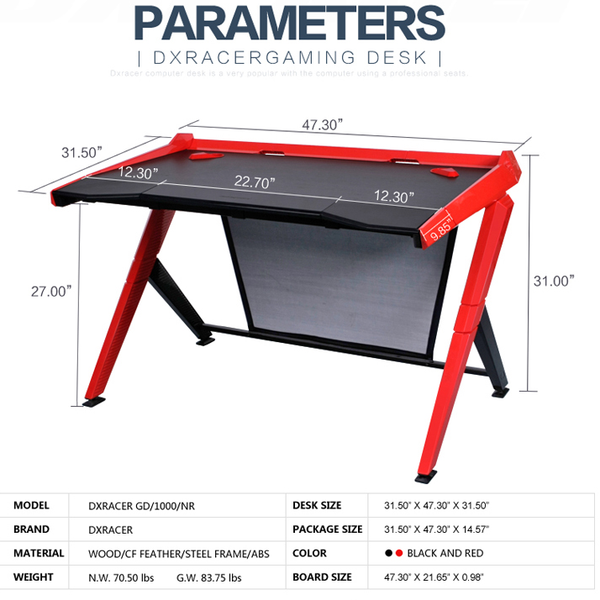 DXRacer Gaming Desk Red - Parameters